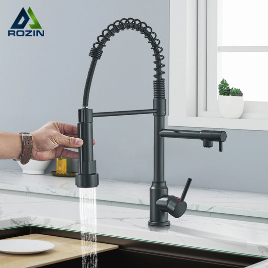 Black Kitchen Faucet With Pull Down Spring Sprayer Deck Mounted Hot and Cold Water Mixer