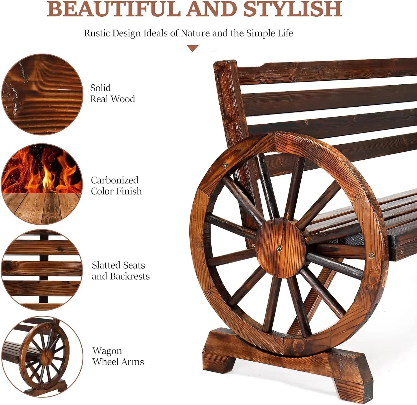 Outdoor Rustic Wooden Bench with Wagon Wheel Arms, Garden Bench