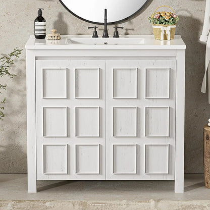 36in Free Standing Bathroom Vanity with Sink Wooden Cabinet Ceramic Basin