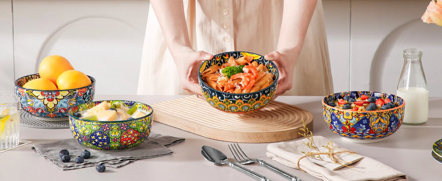Bohemian Ceramic Bowl Set of 6 (28 Oz) - Colorful Soup, Cereal, Pasta, Salad, Fruit Bowls