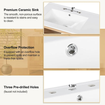 36in Wood Bathroom Vanity with Sink 3 Drawer Storage Adjustable Shelf Natural, Customized,  6 different colors