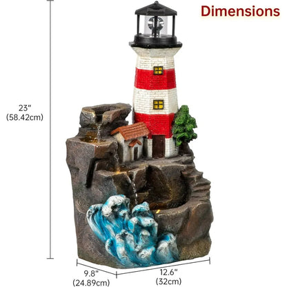 23" H Lighthouse Outdoor Water Fountain, Freestanding  with Rotating Led Light, 4-Tier Modern Water Feature