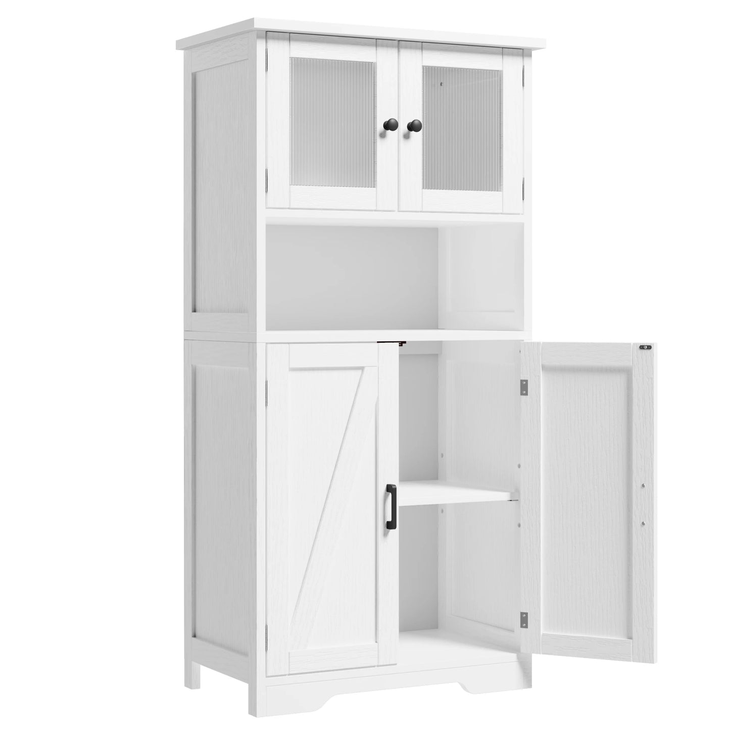 Free Standing Kitchen Pantry Cupboard with 4 Doors with Tempered Glass Doors