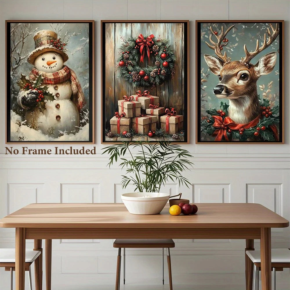 3pcs Eclectic Vintage Christmas Canvas Wall Art