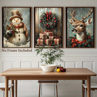 3pcs Eclectic Vintage Christmas Canvas Wall Art