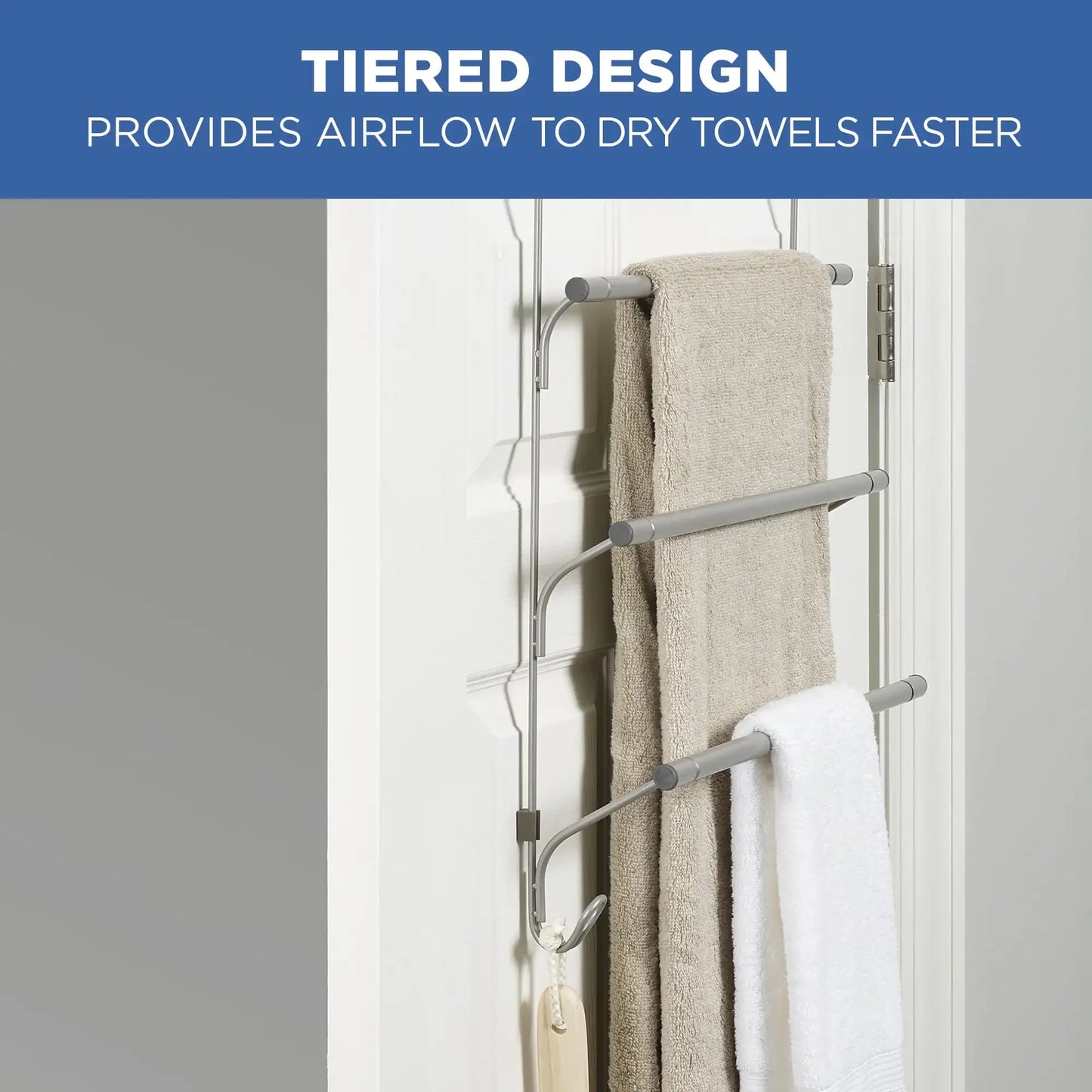 Mainstays SnugFit Over-the-Door 3-Tier Towel Bar with 2 Hooks, Satin Nickel