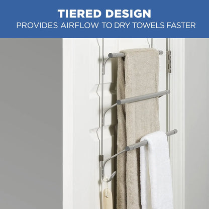 Mainstays SnugFit Over-the-Door 3-Tier Towel Bar with 2 Hooks, Satin Nickel