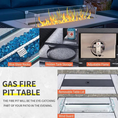 9-Piece Outdoor Wicker Rattan Patio Furniture Set with Grey Cushions and 45 Gas Fire Pit Table