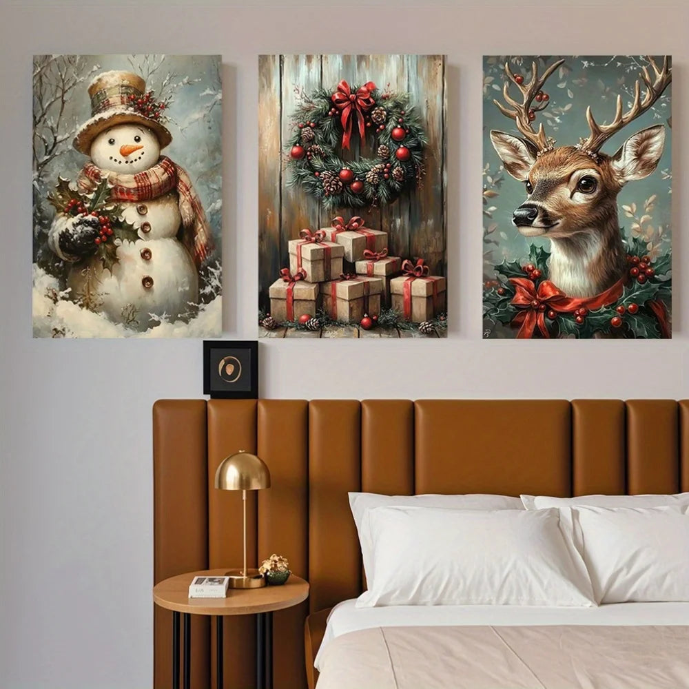 3pcs Eclectic Vintage Christmas Canvas Wall Art