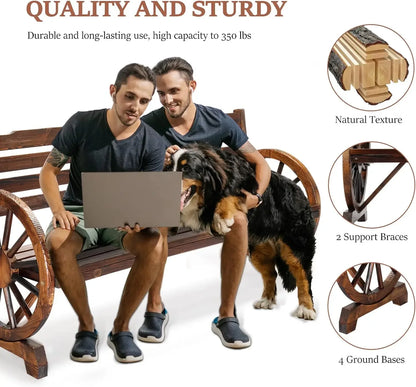 Outdoor Rustic Wooden Bench with Wagon Wheel Arms, Garden Bench