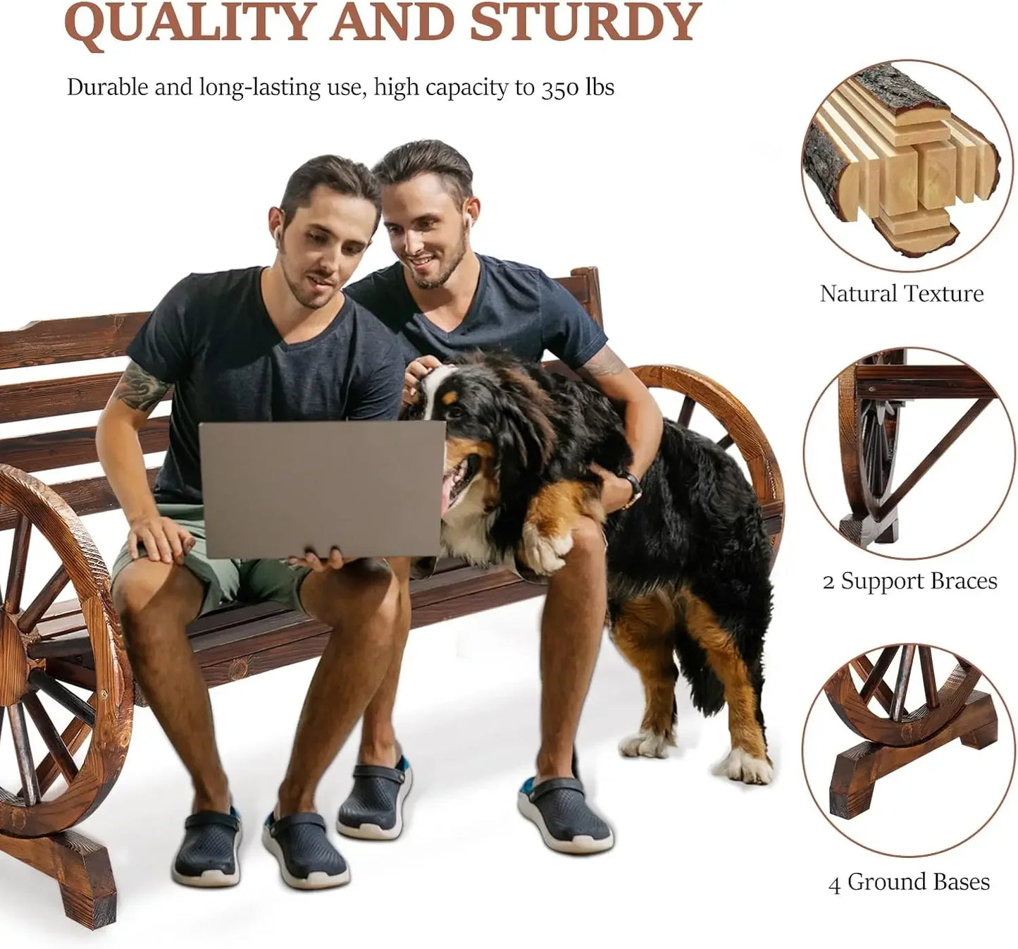 Outdoor Rustic Wooden Bench with Wagon Wheel Arms, Garden Bench