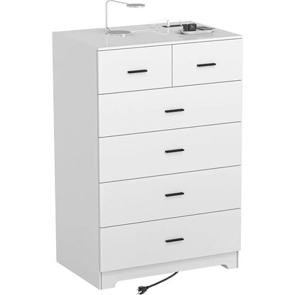 Wooden 6-Drawer Cabinet with Power Outlets and Large White Storage Organizer for Closets, Bedrooms, and Hallways