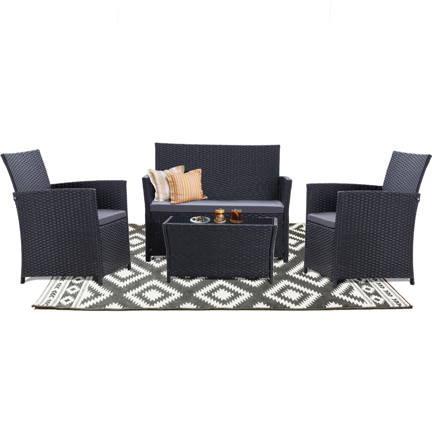 4 Piece Patio Furniture Set, , Rattan Sectional Sofa Couch with Coffee Table & Seat Cushions for