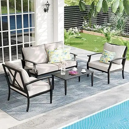 4-Piece Patio Furniture Set, Wider Outdoor Metal Seating Sofa with High Back & Loveseat, Coffee Table