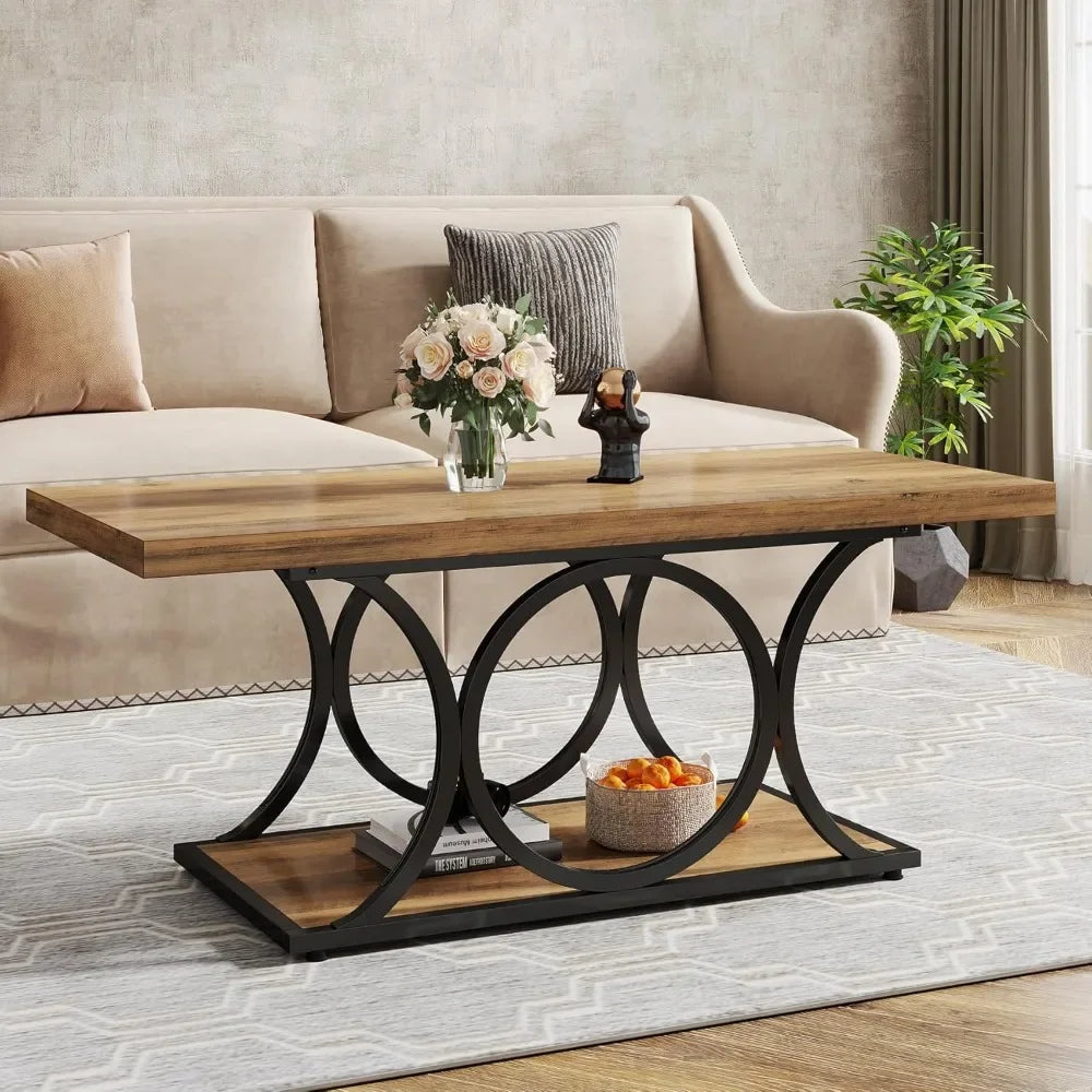 47" Rustic Farmhouse Coffee Table - 2-Tier Wooden Rectangle Center Table