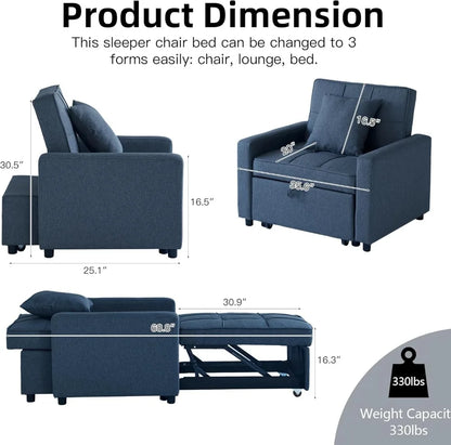 3-in-1 Sleeper Sofa Bed with Reclining Backrest, Convertible Futon Couch,  for Small Spaces (Blue)