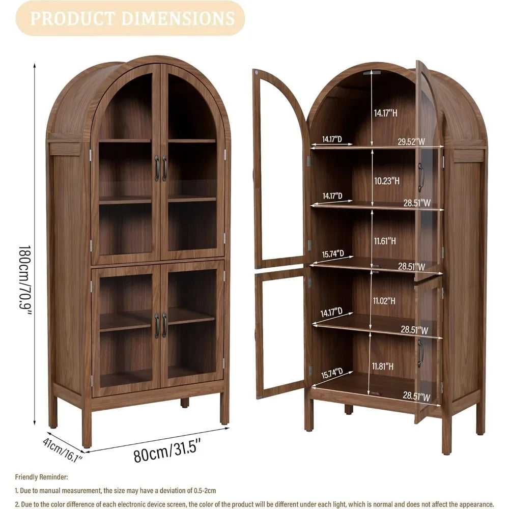 70.9'' Arched Kitchen Pantry Cabinet with Acrylic Glass Doors, 5-Tier Shelves, Walnut Finish