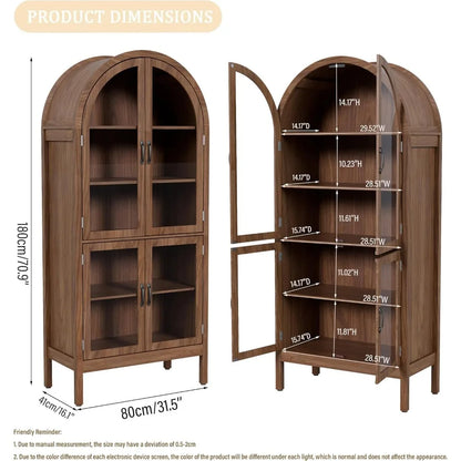 70.9'' Arched Kitchen Pantry Cabinet with Acrylic Glass Doors, 5-Tier Shelves, Walnut Finish