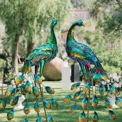 Metal Peacock Sculptures - Set of 2 Outdoor Garden Yard Art,  Hand-Painted, 30.7