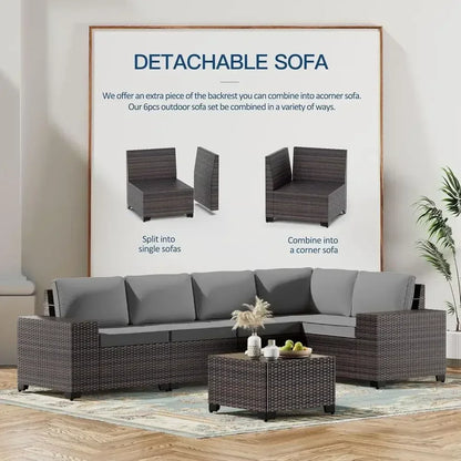7-Piece Outdoor Patio Furniture Set with 43 Gas Propane Fire Pit Table and Wicker Rattan  Sofa, Grey