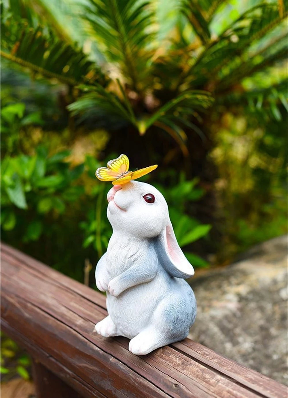 Solar Bunny Statue Garden Decor with Butterfly LED Light Resin Animal Figurine for Garden Courtyard