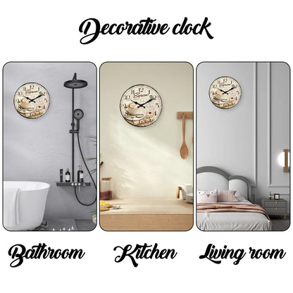 European Retro Coffee Cup Pattern Wooden Wall Clock for Kitchen, Home Decoration, Silent Quartz Clock,