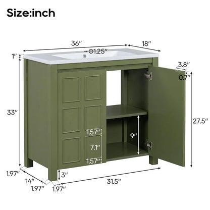 36in Free Standing Bathroom Vanity with Sink Wooden Cabinet Ceramic Basin