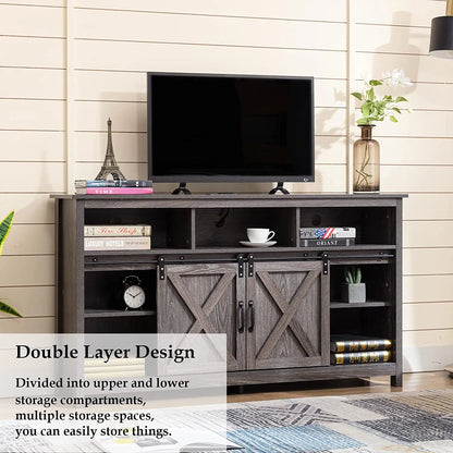 TV Stand Farmhouse Coffee Bar Cabinet Rustic Sliding Barn Door Cabinet with Power Outlet & LED Light
