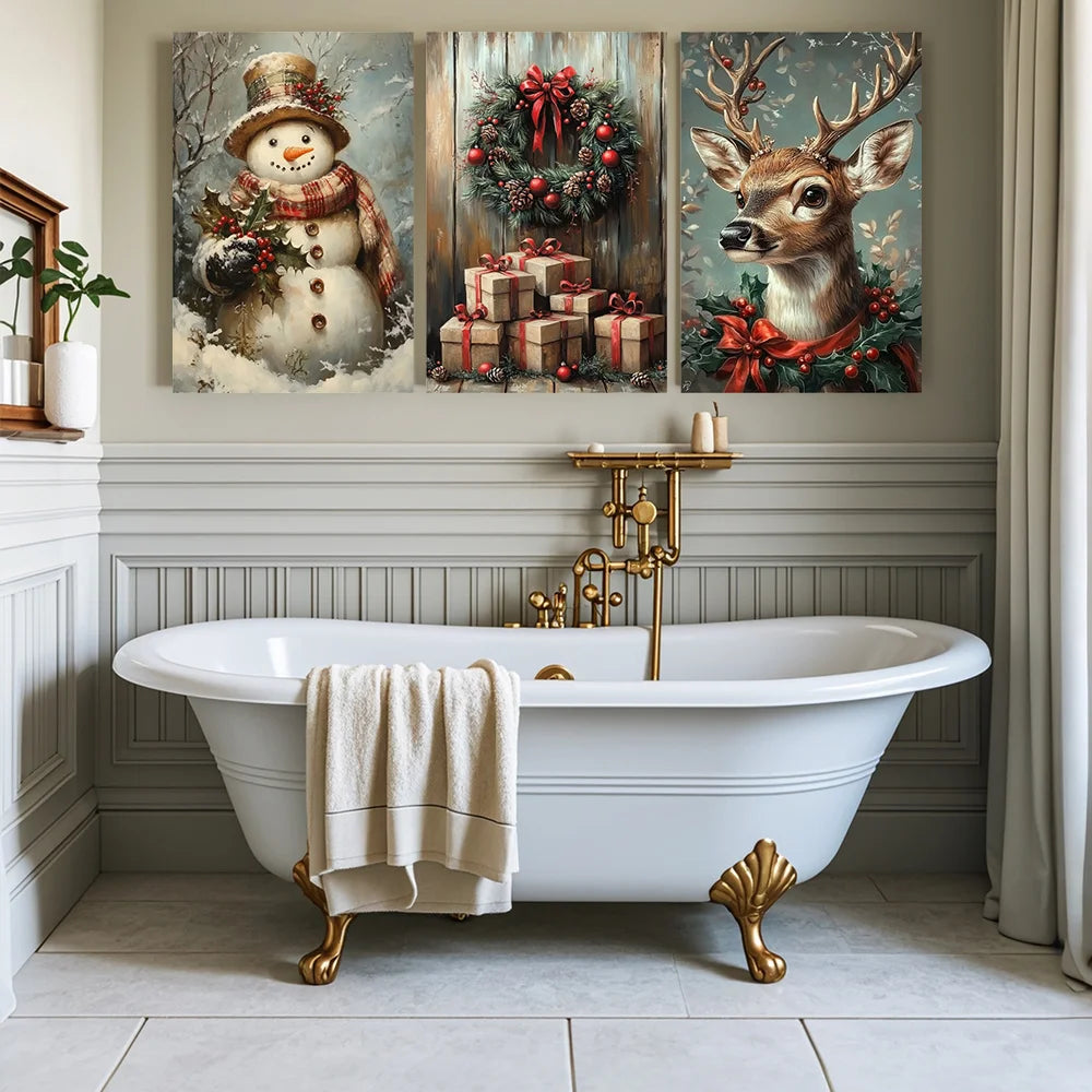 3pcs Eclectic Vintage Christmas Canvas Wall Art