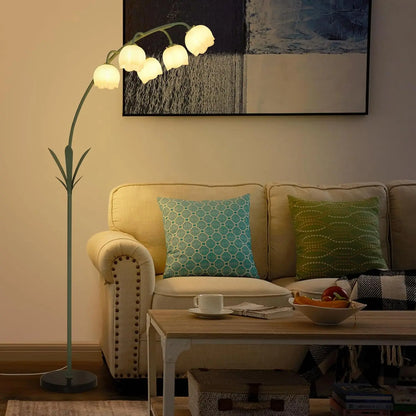 Arc Floor Lamp with 5 G9 LED Bulbs, Foot Switch, Green Floral Design
