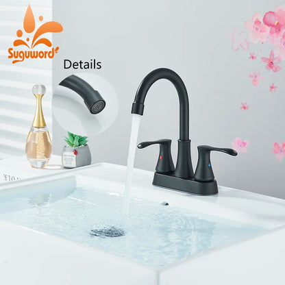Black Bathroom Sink Faucet 3 Hole 4 Inch Center Set Vanity Faucet  Hot and Cold Water
