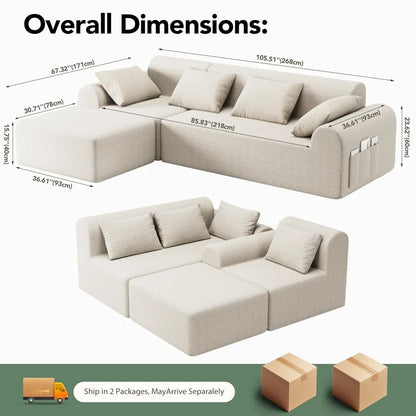 Cloud Boneless Sectional Sofa for Living Room, 4-Seater L-Shaped Comfy Couch with Ottoman, 4 Pillows, Deep, Customized