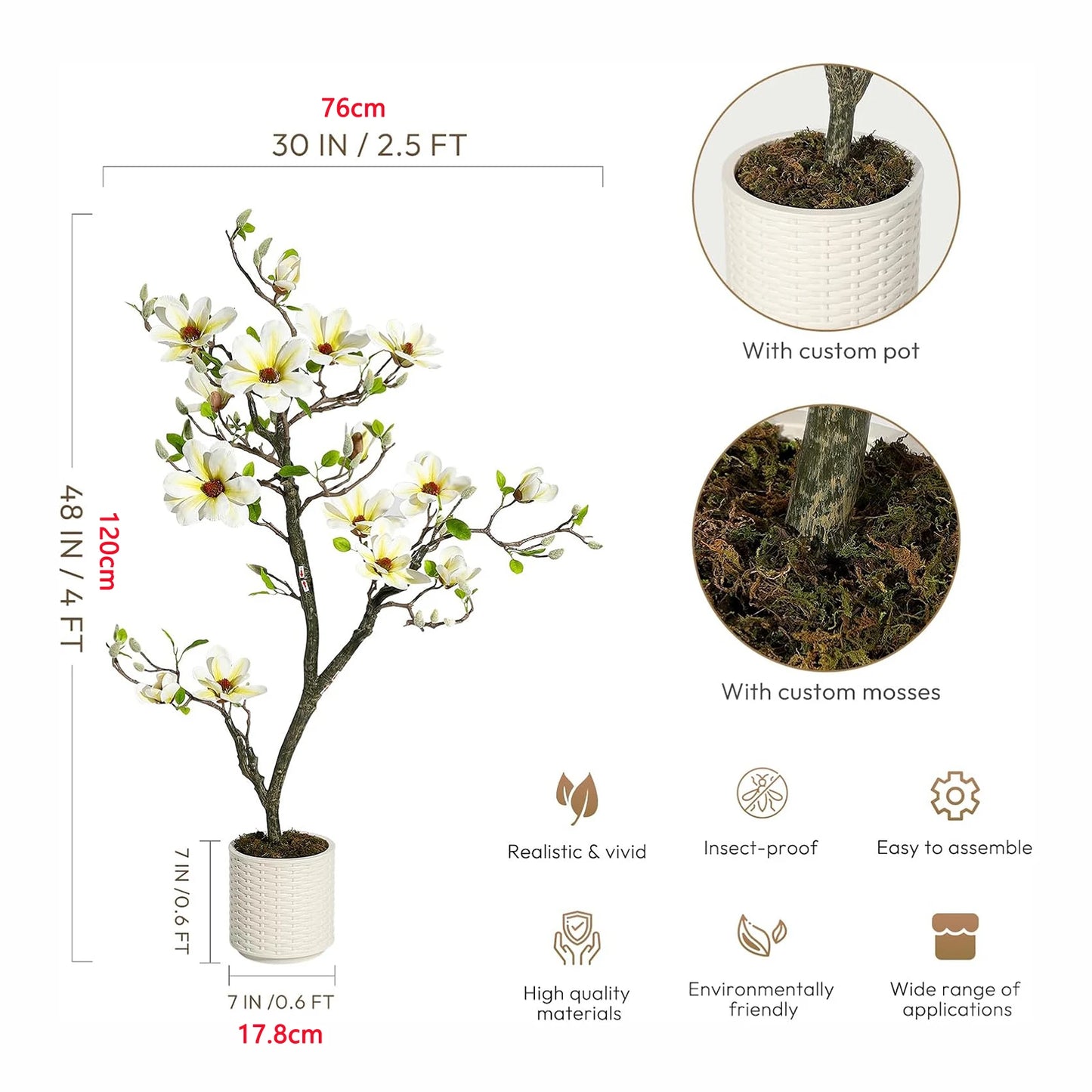 Artificial Magnolia Plant Faux Flower Trees  with LED Light for Yard Patio Home