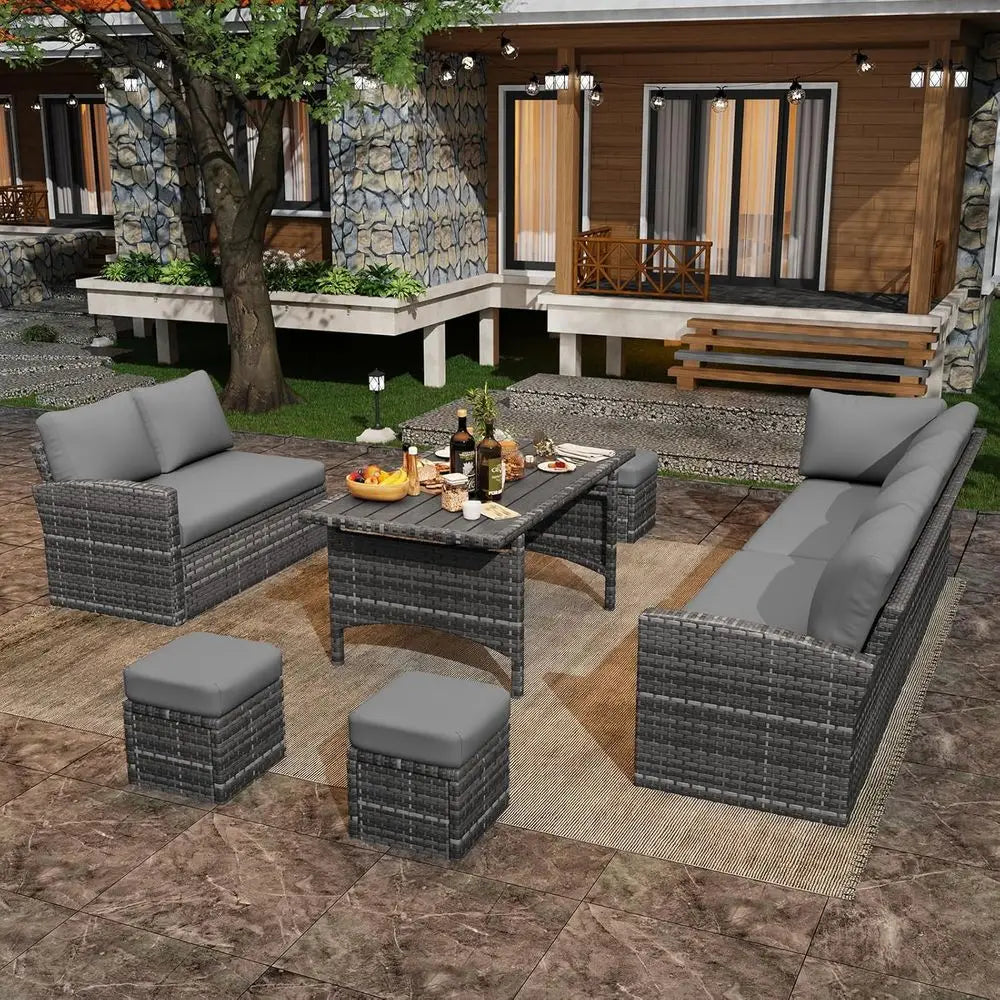 All-Weather Grey Rattan Outdoor Patio Furniture Set with Sectional Sofa, Dining Table, Chairs, and Ottoman