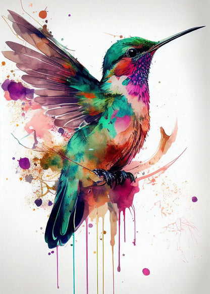 Watercolor Hummingbird Flower Wall Art