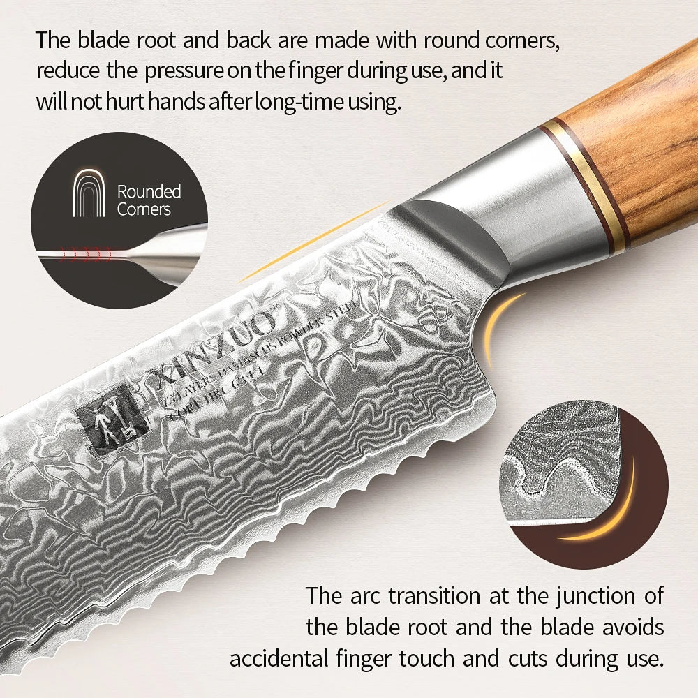 XINZUO 1-8pcs Kitchen Knife Set 73 Layers Custom Damascus Steel  with Olive Wood Handle