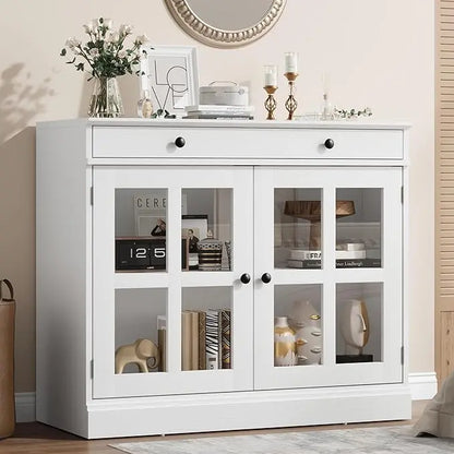 35.4" Oak Sideboard Buffet Cabinet with Glass Door & Drawer  Storage Buffets & Sideboards for Kitchen