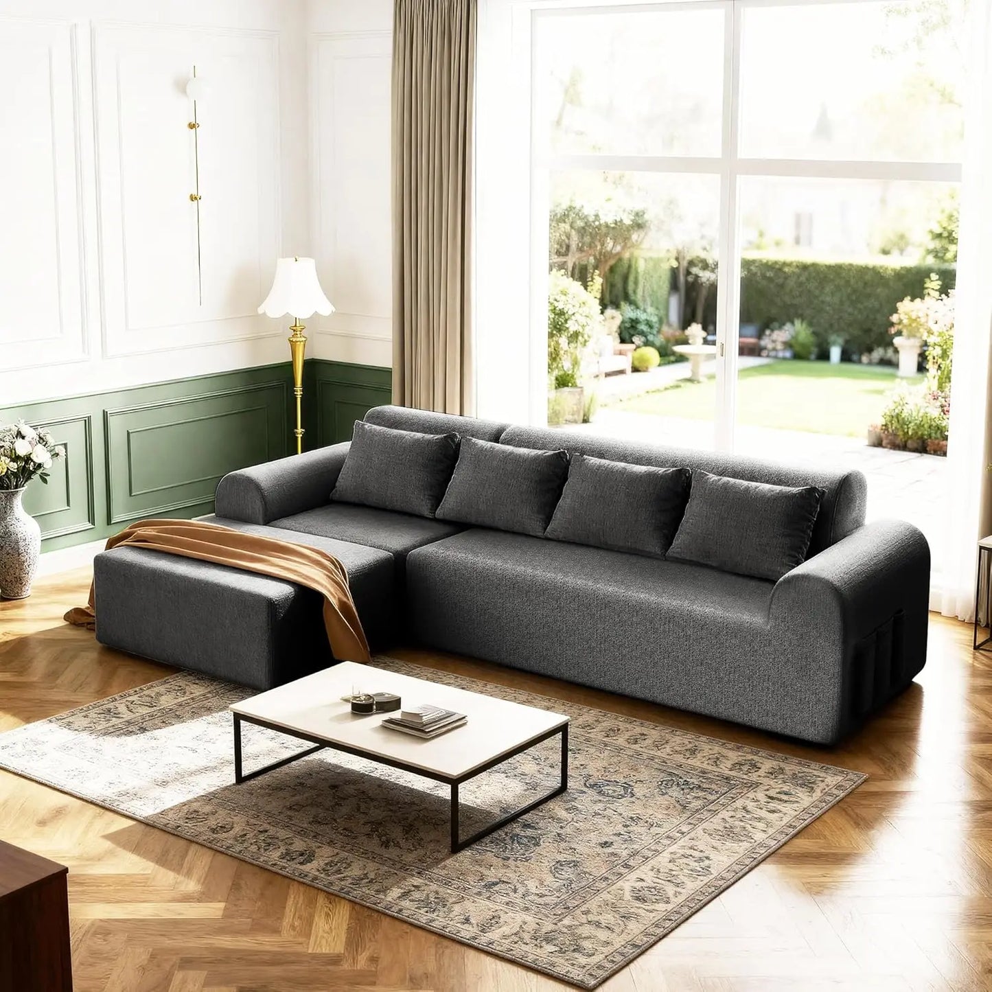 Cloud Boneless Sectional Sofa for Living Room, 4-Seater L-Shaped Comfy Couch with Ottoman, 4 Pillows, Deep, Customized