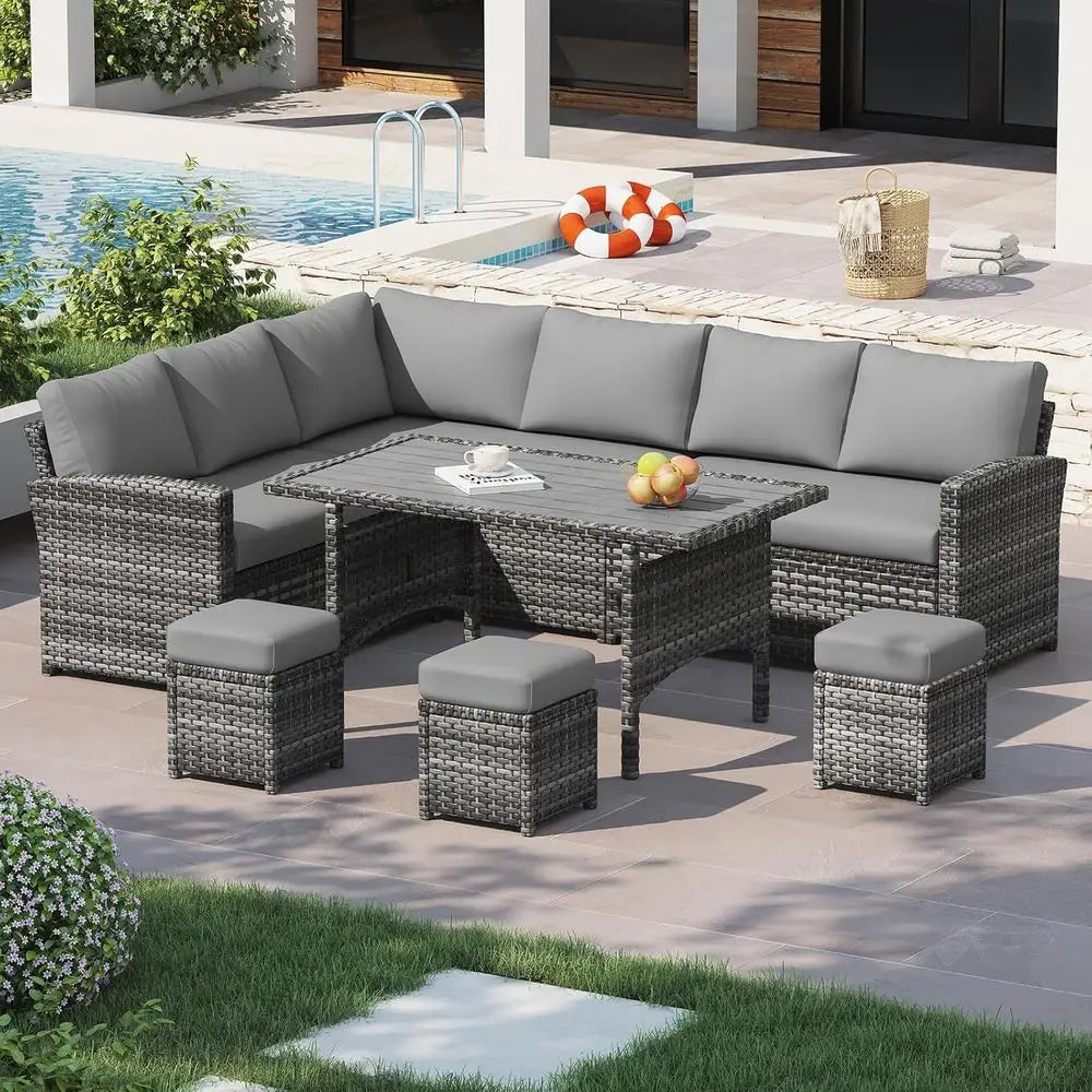 All-Weather Grey Rattan Outdoor Patio Furniture Set with Sectional Sofa, Dining Table, Chairs, and Ottoman