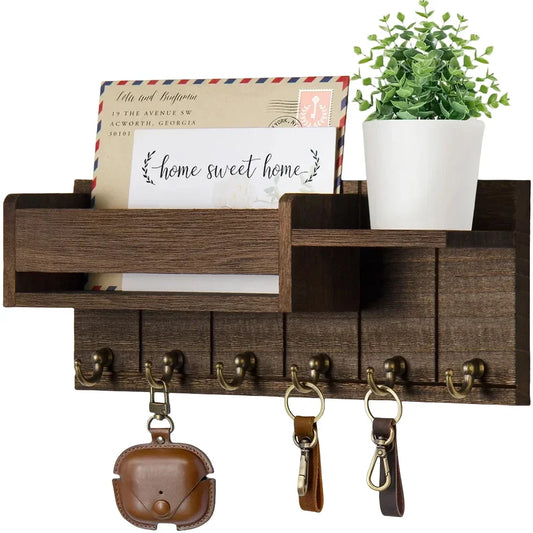 Rustic Wood Key Holder with Shelf Wall Mounted Decorative Key Rack  6 Key Hooks