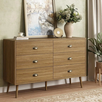 Walnut Brown Dresser  6 Drawer with Wide Drawers and Metal Knob