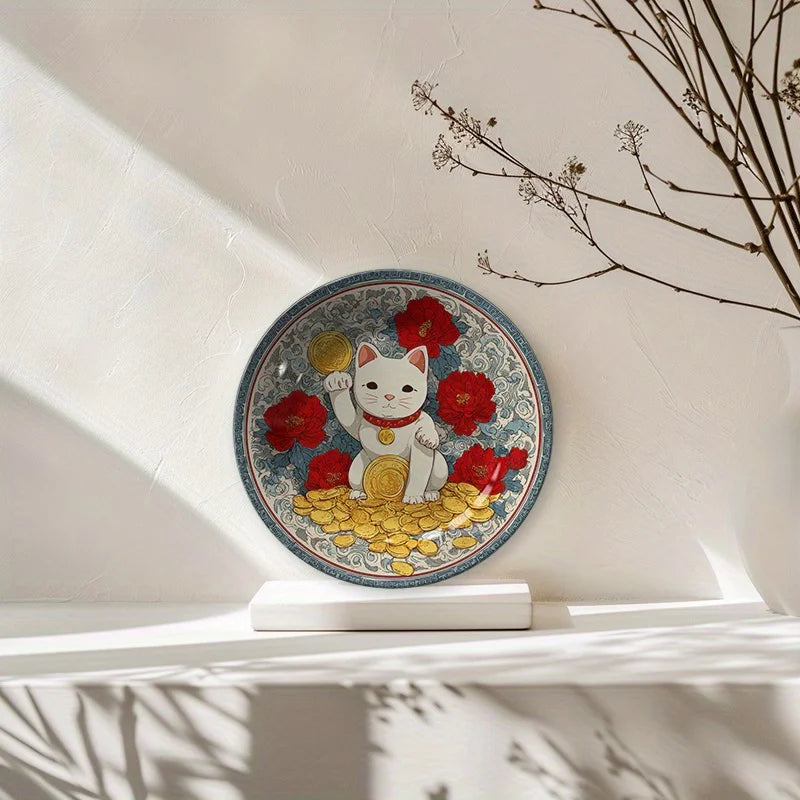 2D Flat, 8-Inch Round Plate  Decorative Ceramic Lucky Cat  1pc White Design
