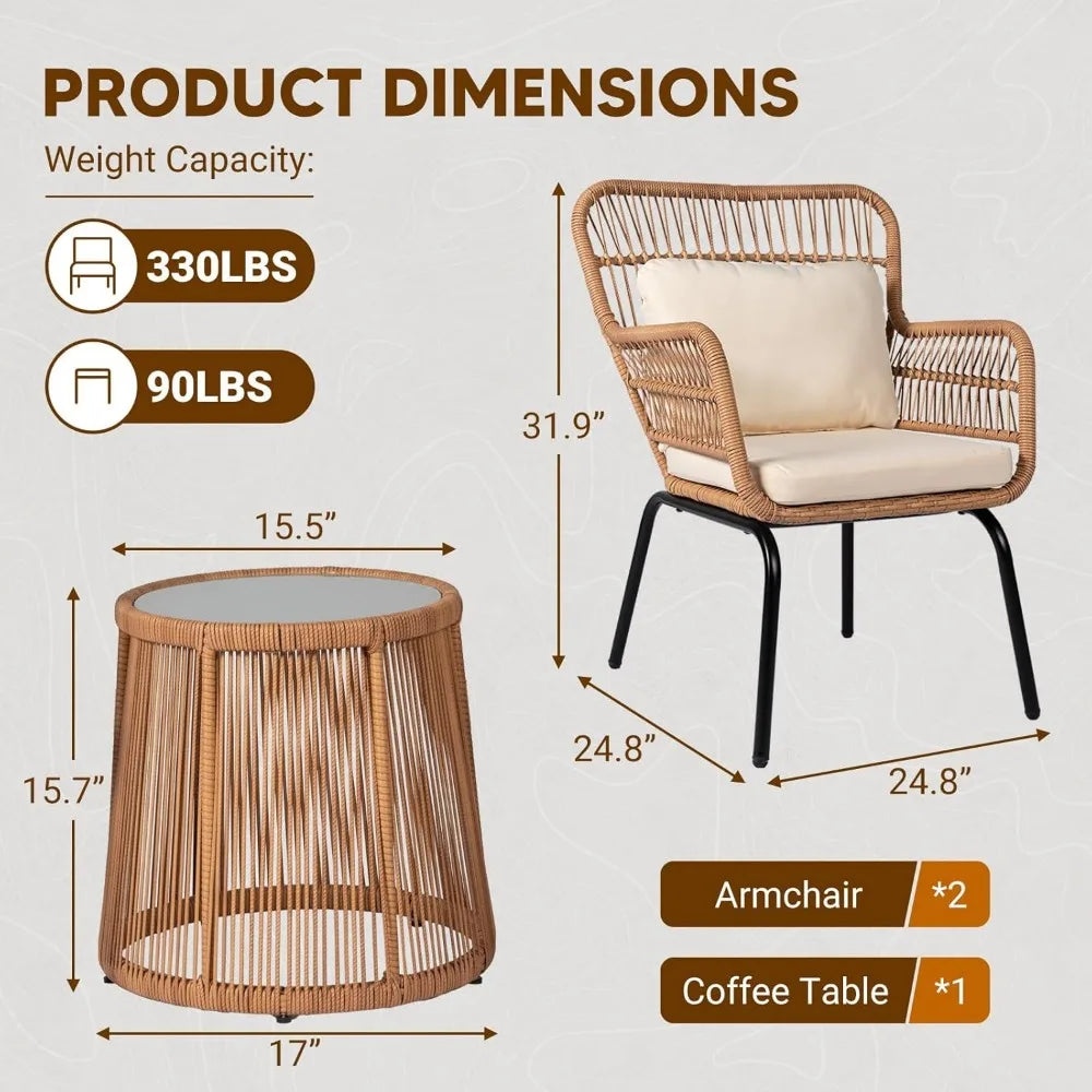 3 Piece Outdoor Wicker Bistro Set,  w/2 Large Rattan Chairs and Tempered Glass Table, Patio Furniture