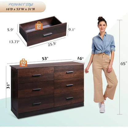 Elegant Wooden Dresser for Bedroom, with 6 Drawers, Large Brown Storage Unit,