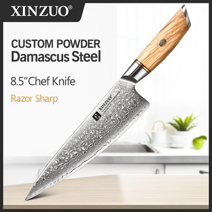 XINZUO 1-8pcs Kitchen Knife Set 73 Layers Custom Damascus Steel  with Olive Wood Handle