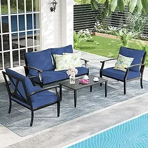 4-Piece Patio Furniture Set, Wider Outdoor Metal Seating Sofa with High Back & Loveseat, Coffee Table
