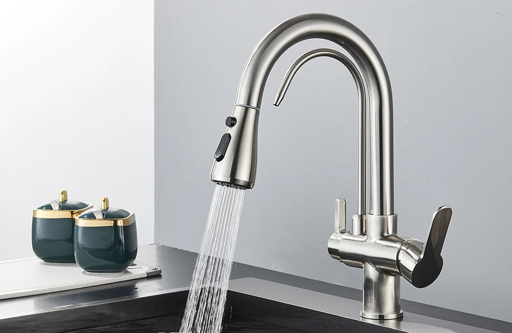 Quyanre Matte Black Filtered Crane For Kitchen Pull Out Spray 360 Rotation Water Sink Mixer Kitchen Faucet