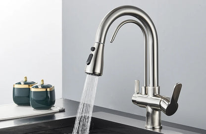 Quyanre Matte Black Filtered Crane For Kitchen Pull Out Spray 360 Rotation Water Sink Mixer Kitchen Faucet