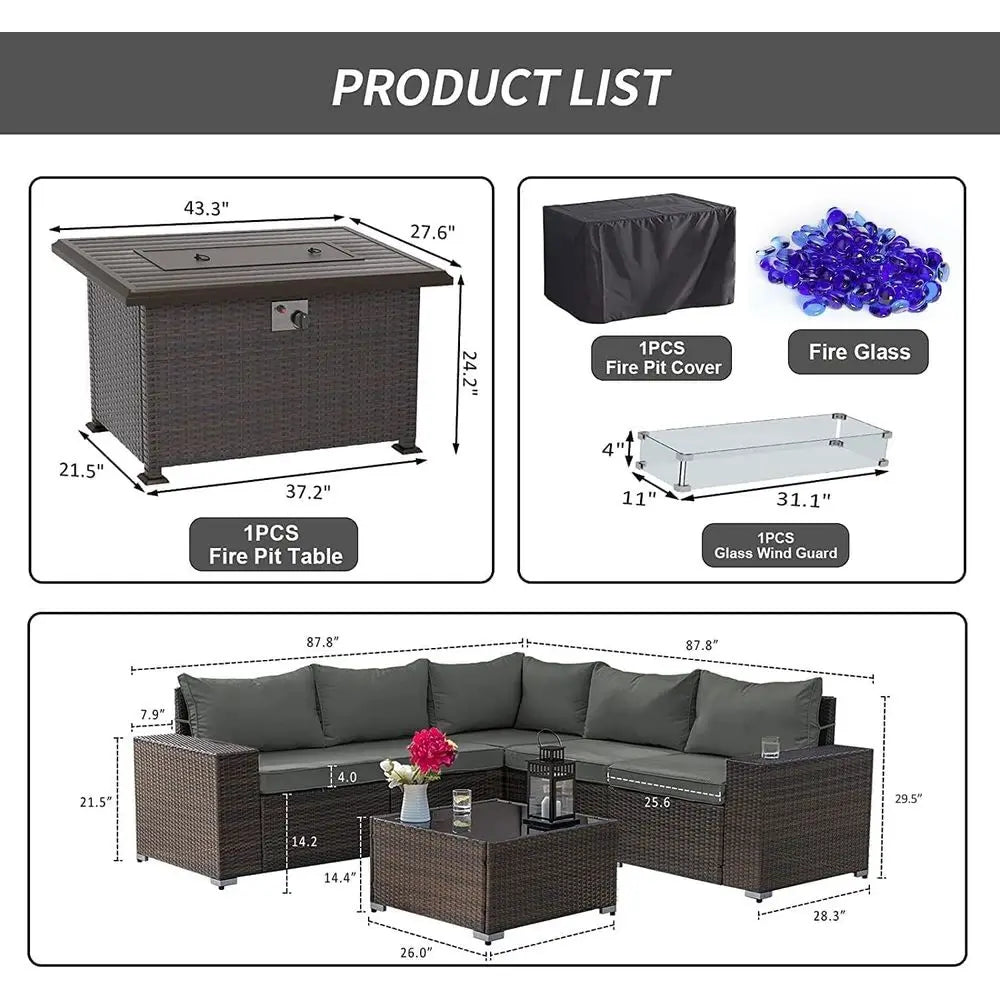 7-Piece Outdoor Patio Furniture Set with 43 Gas Propane Fire Pit Table and Wicker Rattan  Sofa, Grey