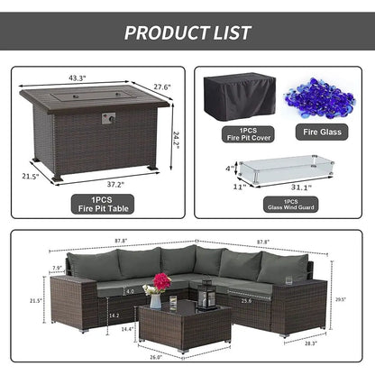 7-Piece Outdoor Patio Furniture Set with 43 Gas Propane Fire Pit Table and Wicker Rattan  Sofa, Grey